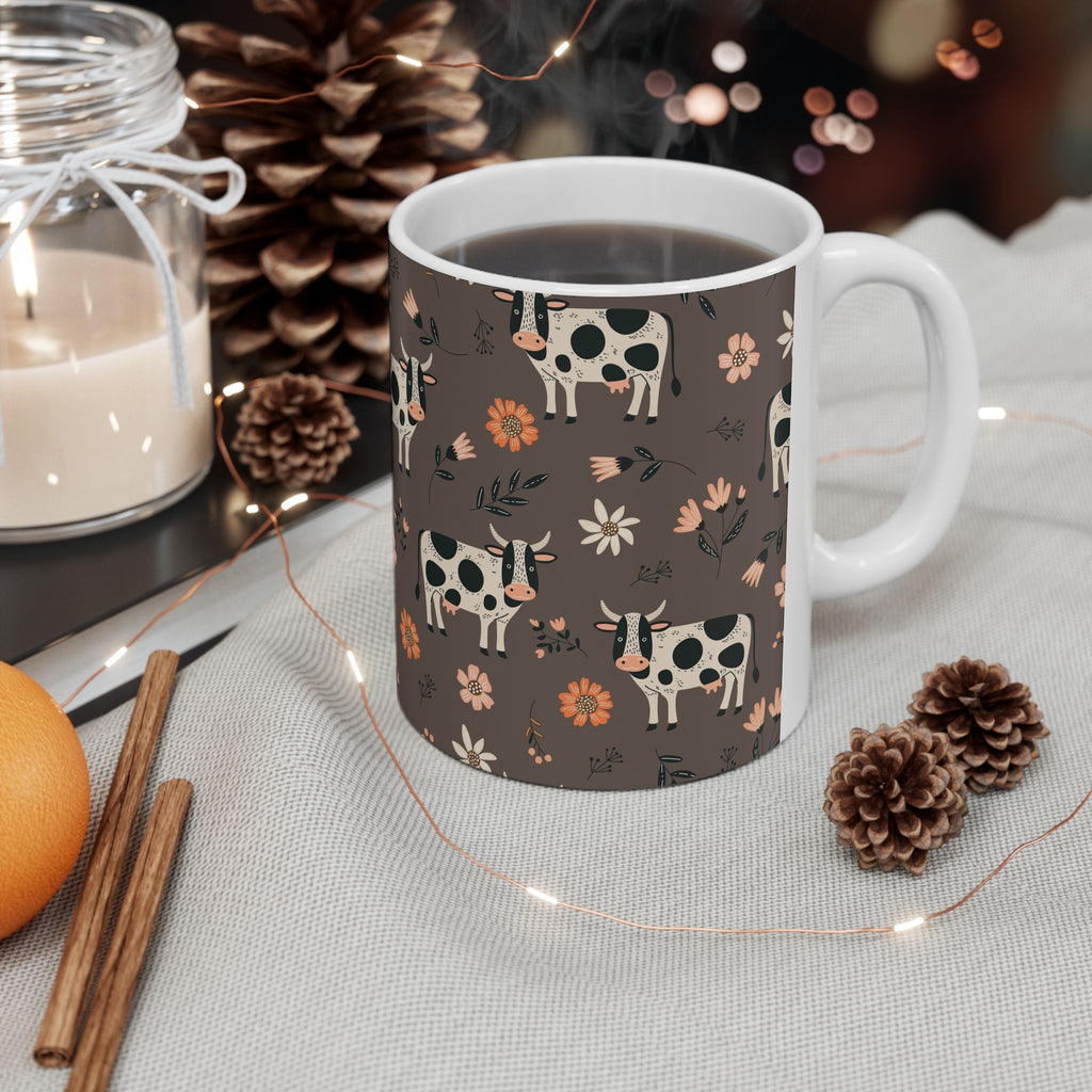Spotted Cow Floral Pattern Mug | Ceramic Coffee Tea Cup