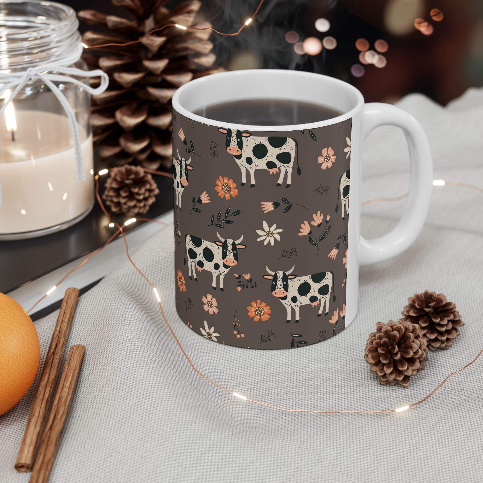 Spotted Cow Floral Pattern Mug | Ceramic Coffee Tea Cup